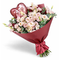 A bouquet of pink eustoma with a heart-shaped balloon