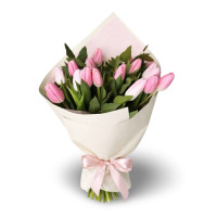 Bouquet of 15 pink tulips with greenery